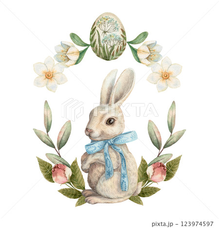 Cute Easter bunny with rose flower and egg sophisticated pastel drawing. Hand drawn watercolor illustration in vintage style. Festive spring art ideal for holiday print. Happy greeting card template. Cute Easter bunny with rose flower and egg sophisticated pastel drawing. Hand drawn watercolor illustration in vintage style. Festive spring art ideal for holiday print. Happy greeting card template. 123974597