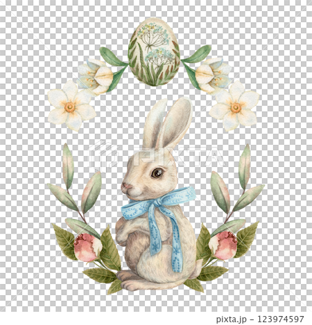 Cute Easter bunny with rose flower and egg sophisticated pastel drawing. Hand drawn watercolor illustration in vintage style. Festive spring art ideal for holiday print. Happy greeting card template. Cute Easter bunny with rose flower and egg sophisticated pastel drawing. Hand drawn watercolor illustration in vintage style. Festive spring art ideal for holiday print. Happy greeting card template. 123974597
