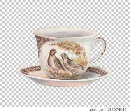 Porcelain cup with plate tableware in watercolor vintage style. Festive dishware with pheasant bird print. Hand drawn serving illustration. Ideal for template design. Ceramic art for greeting card. Porcelain cup with plate tableware in watercolor vintage style. Festive dishware with pheasant bird print. Hand drawn serving illustration. Ideal for template design. Ceramic art for greeting card. 123974615
