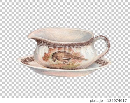 Sauce boat with plate tableware in watercolor vintage style. Porcelain dishware with pheasant bird print. Hand drawn serving illustration. Ideal for template design. Ceramic art for greeting card. 123974617