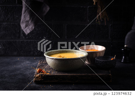 Healthy vegan lentil cream soup 123974632