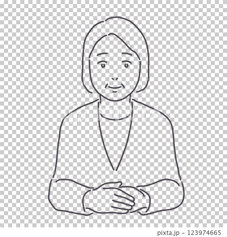 Middle-aged woman in a suit clasping her hands, lines only Middle-aged woman in a suit clasping her hands, lines only 123974665