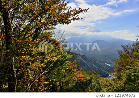 御坂山地の三方分山山頂より 紅葉と富士山 御坂山地の三方分山山頂より 紅葉と富士山 123974672