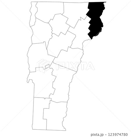Map of Essex County in Vermont state on white background. single County map highlighted by black colour on Vermont map. UNITED STATES, US 123974780