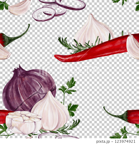 Seamless pattern with onion, pepper, garlic and herbs. Vegetables and spices. Watercolor illustration isolated from the background. Vegetable pattern. High quality illustration Seamless pattern with onion, pepper, garlic and herbs. Vegetables and spices. Watercolor illustration isolated from the background. Vegetable pattern. High quality illustration 123974921