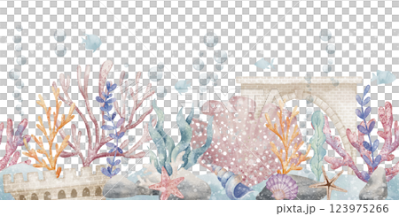 Watercolor underwater scene featuring coral reefs, fish, bubbles, and undersea kingdom. Illustration of the ocean floor with water plants for kids room wall art or borders in pastel colors. Watercolor underwater scene featuring coral reefs, fish, bubbles, and undersea kingdom. Illustration of the ocean floor with water plants for kids room wall art or borders in pastel colors. 123975266