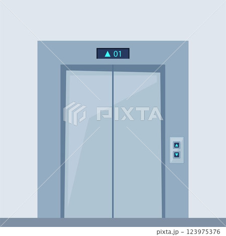Elevator doors, close lift cabin entrance with chrome metal buttons panel, empty building white hallway interior, office vestibule, hotel or dwelling lobby. Vector Illustration 123975376