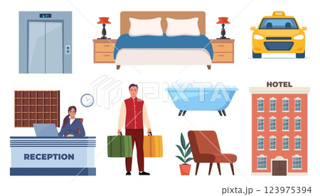 Hotel and Hospitality icon set. Lodging industry. Restaurant and hotel service. Vector illustration. Hotel and Hospitality icon set. Lodging industry. Restaurant and hotel service. Vector illustration. 123975394