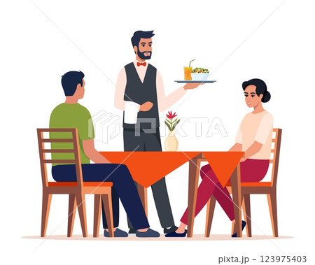 Young couple having dinner in a restaurant. Man and woman sitting at the table, the waiter carrying tray with food. Vector illustration. 123975403