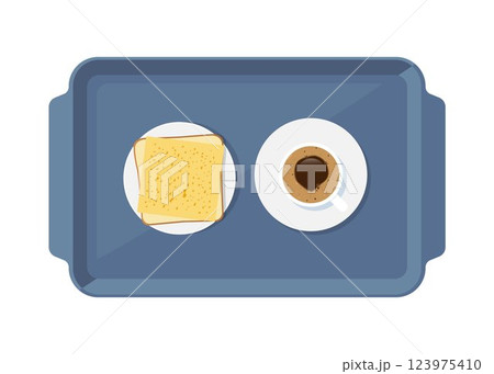 Coffee, toast with cheese on plastic tray, top view. Meal tray with food for breakfast. Vector illustration. Coffee, toast with cheese on plastic tray, top view. Meal tray with food for breakfast. Vector illustration. 123975410