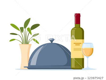 Bottle, wine glass and food on tray. Romantic dinner concept, restaurant dinner service. Bottle of wine and tray with lid. Vector illustration. Bottle, wine glass and food on tray. Romantic dinner concept, restaurant dinner service. Bottle of wine and tray with lid. Vector illustration. 123975427