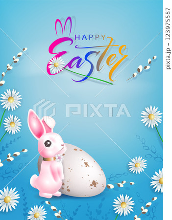 Easter design in blue with egg, cute pink bunny and flowers Easter design in blue with egg, cute pink bunny and flowers 123975587