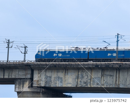 Chongqing, China - March 15, 2025: Chinese Freight train passing a bridge over Yangtzeriver 123975742