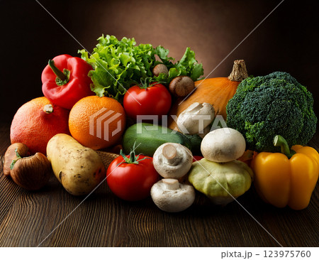 新鮮な野菜と果物とキノコ 123975760