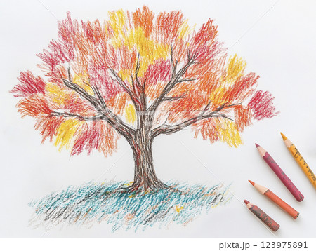 色鉛筆で描いた紅葉した木　AI画像 123975891