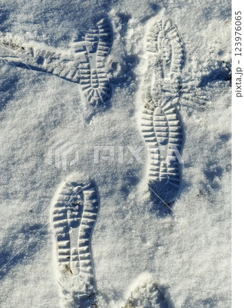 foot prints in winter, vertical view foot prints in winter, vertical view 123976065