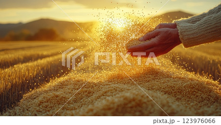 Harvesting Gold The Timeless Serenity of Beautiful Grain Fields at Breathtaking Sunset 123976066