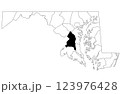 Map of Prince Georges County in Maryland state on white background. single County map highlighted by black colour on Maryland map. UNITED STATES, US 123976428