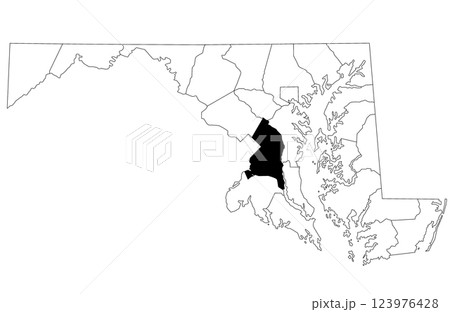 Map of Prince Georges County in Maryland state on white background. single County map highlighted by black colour on Maryland map. UNITED STATES, US 123976428