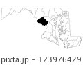 Map of Montgomery County in Maryland state on white background. single County map highlighted by black colour on Maryland map. UNITED STATES, US 123976429
