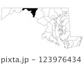 Map of washington County in Maryland state on white background. single County map highlighted by black colour on Maryland map. UNITED STATES, US 123976434