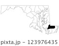 Map of wicomico County in Maryland state on white background. single County map highlighted by black colour on Maryland map. UNITED STATES, US 123976435