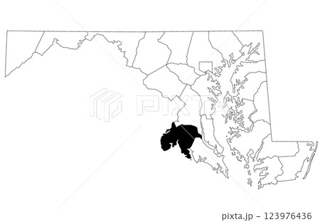 Map of Charles County in Maryland state on white background. single County map highlighted by black colour on Maryland map. UNITED STATES, US 123976436
