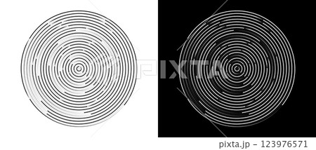 Circle with lines and dots as abstract background, logo or icon. Black shape on a white background and white lines on the black side. 123976571