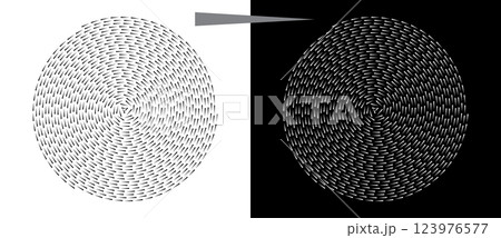 Modern abstract background with halftone triangles in circle form. Round logo or icon. Black shape on a white background and the same white shape on the black side. Modern abstract background with halftone triangles in circle form. Round logo or icon. Black shape on a white background and the same white shape on the black side. 123976577