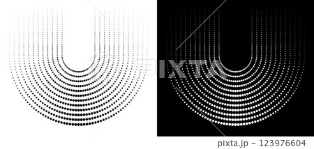 Modern abstract background. Halftone dots in round form. Vector dotted frame, logo, icon or design element. Black shape on a white background and the same white shape on the black side. 123976604