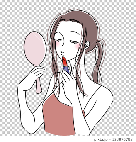 女人一邊塗口紅一邊看著手鏡 123976798