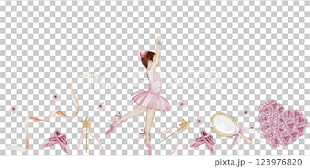 Ballet watercolor seamless border. Hand drawn cute ballerina in pink tutu and pointy shoes. Dancer,mirror, flowers and ribbon. Vintage drawing on white background. Perfect for poster and card for 123976820