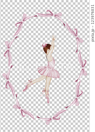 Ballerina cute girl watercolor. Hand drawn cute baby in pink tutu and pointy shoes. Dancer in pink bow frame. Vintage drawing on white background. Perfect for poster and card for ballet school or baby 123976831