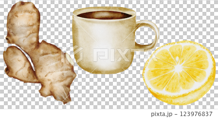 Set of tea mug, lemon and ginger. Watercolor hand drawn beige mug with hot drink and on isolated white background. Ideal for logo and packaging of medicinal tea. Homeopathic composition 123976837