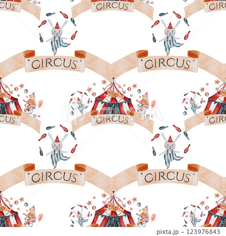 Circus watercolor pattern. Hand drawn cute animal on isolated white background. Clipart of a bear on a bicycle, a bunny with gymnastics clubs, a tiger and a magician's hat Perfect for textiles and Circus watercolor pattern. Hand drawn cute animal on isolated white background. Clipart of a bear on a bicycle, a bunny with gymnastics clubs, a tiger and a magician's hat Perfect for textiles and 123976843