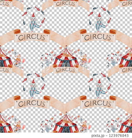 Circus watercolor pattern. Hand drawn cute animal on isolated white background. Clipart of a bear on a bicycle, a bunny with gymnastics clubs, a tiger and a magician's hat Perfect for textiles and Circus watercolor pattern. Hand drawn cute animal on isolated white background. Clipart of a bear on a bicycle, a bunny with gymnastics clubs, a tiger and a magician's hat Perfect for textiles and 123976843