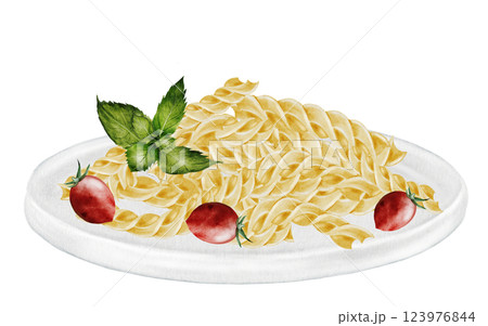 Fusili pasta on a plate, watercolor painting.. Hand drawn italian macaroni with tomatoes and basil on white background. Food clip art. Ideal for pasta packaging, restaurant menus and posters 123976844