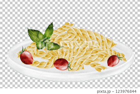 Fusili pasta on a plate, watercolor painting.. Hand drawn italian macaroni with tomatoes and basil on white background. Food clip art. Ideal for pasta packaging, restaurant menus and posters 123976844