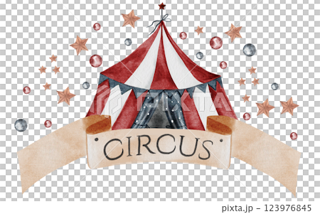 Circus watercolor banner. Vintage style circus tent hand drawn on white background. Perfect for birthdays and baby showers 123976845