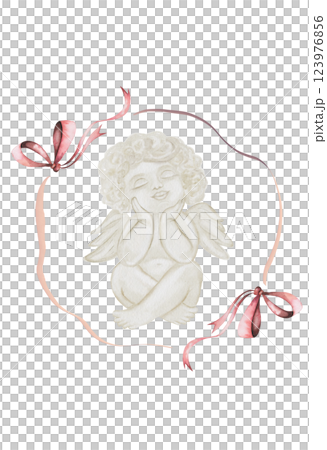 Watercolor cherub angel cupid in a frame of bows. Hand drawn little boy in pastel colors on a white background. Clip art religious. Perfect for Valentine's Day and Christening cards and posters 123976856