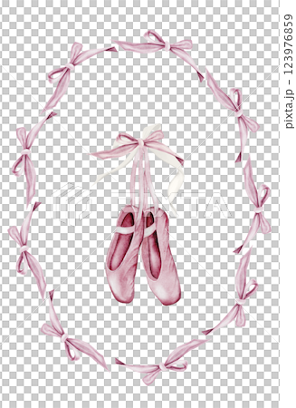 Pointe shoes watercolor. Hand drawn pink ballerina accessories in a frame of bows on isolated white background. Clip art of elegant satin ballet shoes with space for name inscription. Ideal card for 123976859