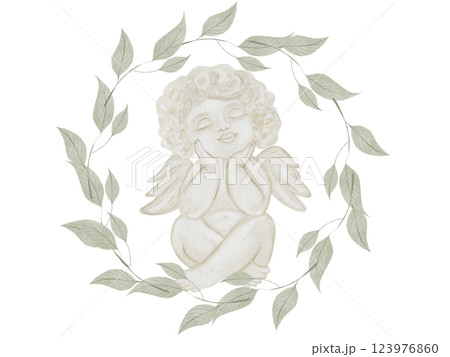 Watercolor Cupid in green leaf frame. Baptism angel. Hand drawn little Cherub in pastel colors on a white background. Clip art religious. Perfect for Valentine's Day and Christening cards and posters 123976860