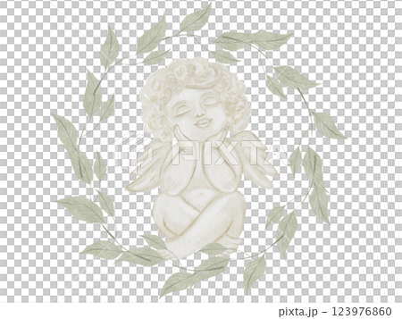 Watercolor Cupid in green leaf frame. Baptism angel. Hand drawn little Cherub in pastel colors on a white background. Clip art religious. Perfect for Valentine's Day and Christening cards and posters 123976860