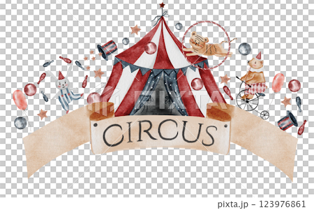 Circus watercolor banner. Hand drawn cute animal on isolated white background. Clip art of bear on bicycle, bunny and tiger cub. Perfect for cards for baby shower and birthdays 123976861