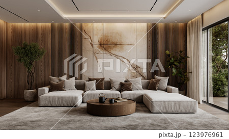 Contemporary interior with sofa, brown wood wall panels, plants, floor lamp, carpet, round coffee table. 3d render illustration mockup. Contemporary interior with sofa, brown wood wall panels, plants, floor lamp, carpet, round coffee table. 3d render illustration mockup. 123976961
