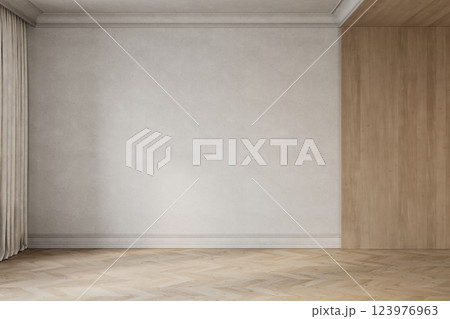 Classic empty beige interior with wood panel, blank wall, parquet chevron floor. 3d render illustration mockup. Classic empty beige interior with wood panel, blank wall, parquet chevron floor. 3d render illustration mockup. 123976963