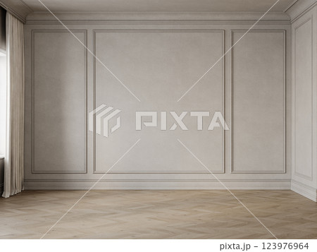 Classic beige empty interior with blank wall with moldings. 3d render illustration mockup. Classic beige empty interior with blank wall with moldings. 3d render illustration mockup. 123976964