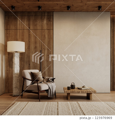 Contemporary loft interior with armchair, floor lamp, coffee table, wood panels, blank wall and decor. 3d render illustration mockup. 123976969