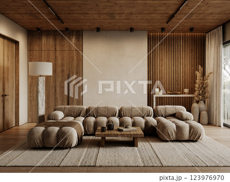Contemporary loft interior with sofa, pillows, coffee table, wood panels, pampas grass and decor. 3d render illustration mockup. 123976970