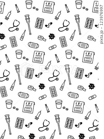 かわいい手書き医療のモノクロ背景パターン 123976997